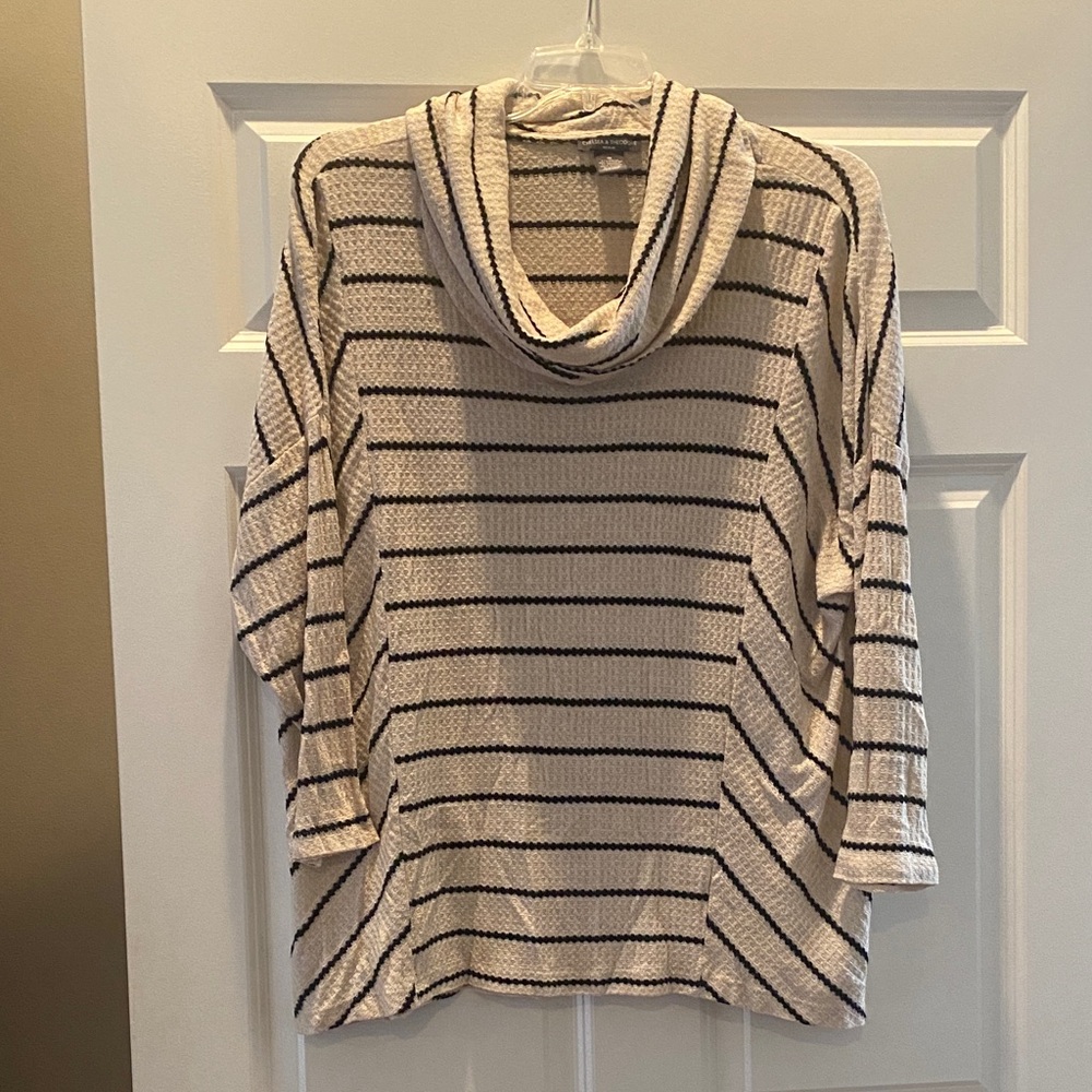 Chelsea & Theodore Black and Cream Striped Cowl Neck Sweater